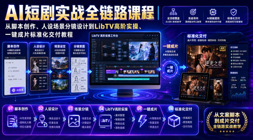 AI短剧实战全链路课程|从脚本创作、人设场景分镜设计到LibTV高阶实操、一键成片标准化交付教程-旺仔资源库