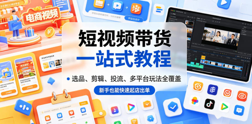 短视频带货一站式教程，选品、剪辑、投流、多平台玩法全覆盖，新手也能快速起店出单-旺仔资源库