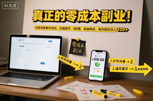 真正的零成本副业！问卷调查暴利项目，无脑操作，纯0撸，收益稳定，每天轻松日入100+【揭秘】-旺仔资源库