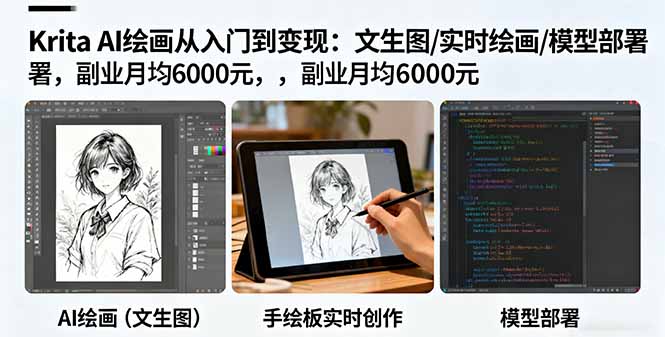 Krita AI绘画从入门到变现：文生图/实时绘画/模型部署，副业月均6000元-旺仔资源库