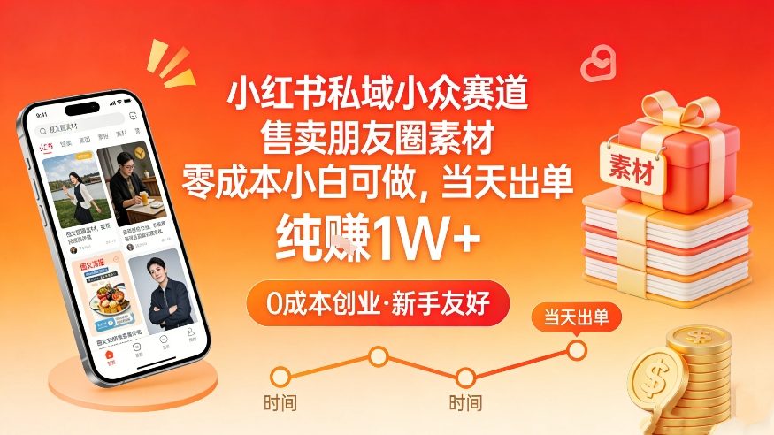 小红书私域小众赛道，售卖朋友圈素材，零成本小白可做，当天出单，月入1W+-旺仔资源库