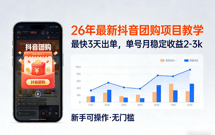 26年最新抖音团购项目教学，0门槛，最快3天出单，单号月稳定收益2-3k(更新3月11日)-旺仔资源库