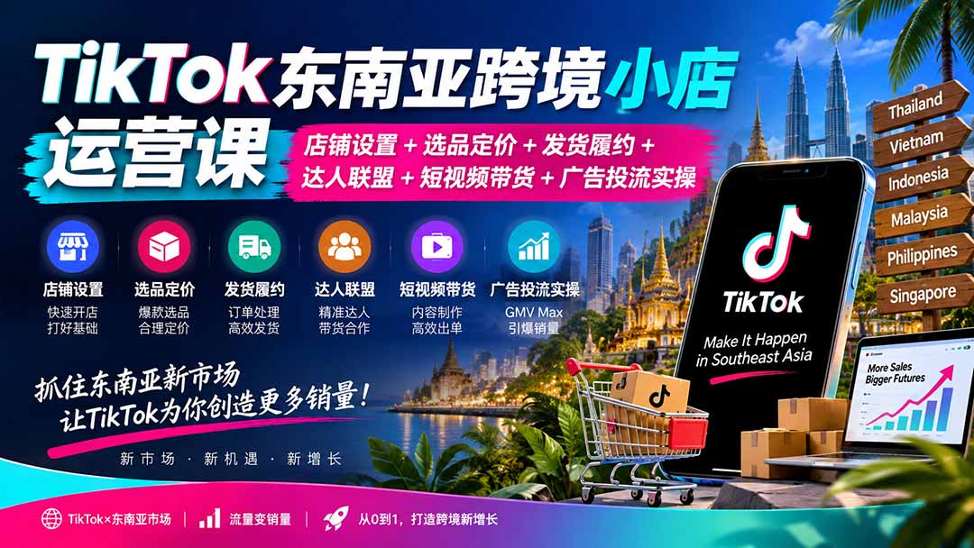 TikTok东南亚跨境小店运营课:店铺设置+选品定价+发货履约+达人联盟+短视频带货+广告投流实操-旺仔资源库