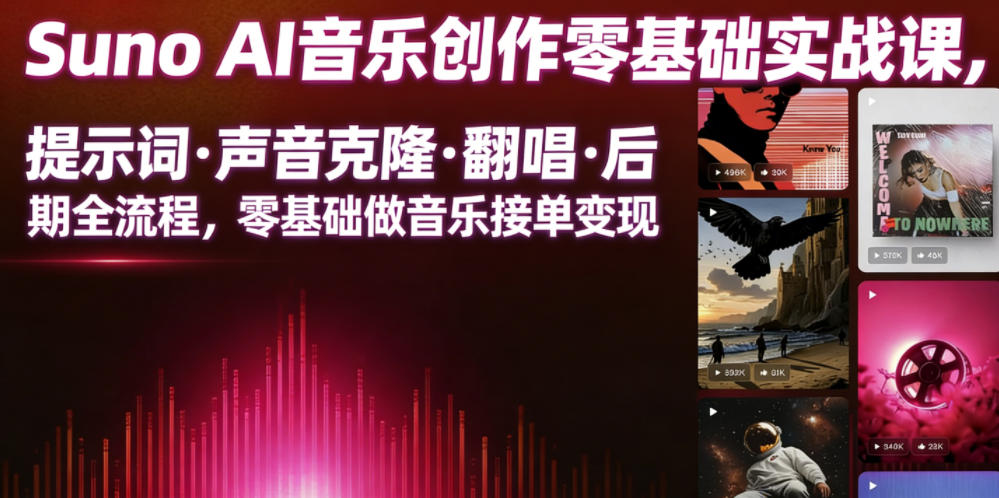 Suno AI音乐创作实战课，提示词・声音克隆・翻唱・后期全流程，零基础做音乐接单变现-旺仔资源库