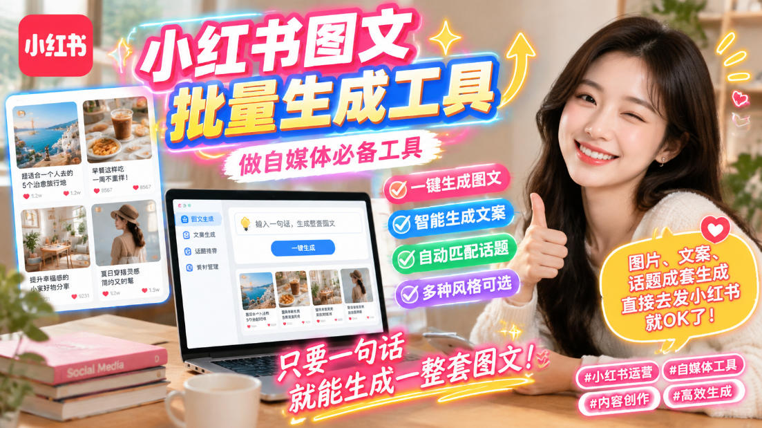 小红书图文批量生成工具,话题、文案、配图一键生成,直接发布,做自媒体必备工具-旺仔资源库