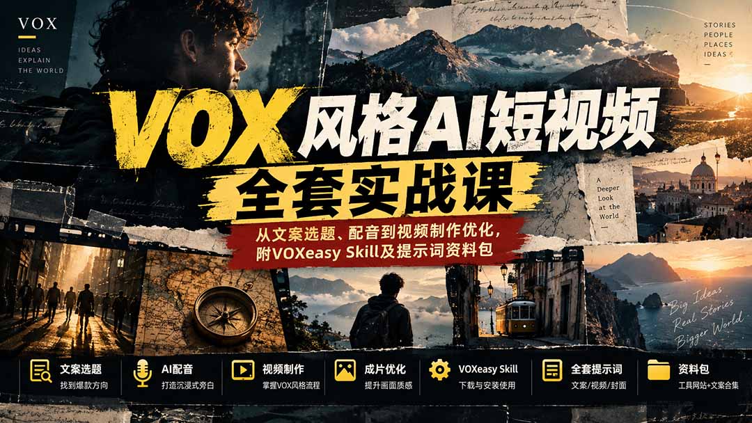 【无水印】VOX风格AI短视频全套实战课:从文案选题、配音到视频制作优化,附VOXeasy Skill及提示词资料包-旺仔资源库