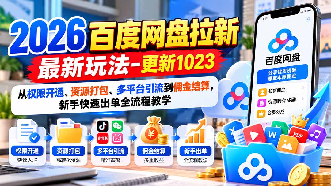 2026百度网盘拉新最新玩法-更新1023：从权限开通、资源打包、多平台引流到佣金结算，新手快速出单全流程教学-旺仔资源库