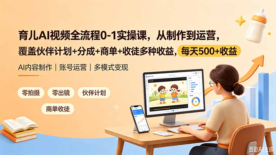 育儿AI视频全流程0-1实操课,从制作到运营,覆盖伙伴计划+分成+商单+收徒多种收益,每天500+收益-旺仔资源库