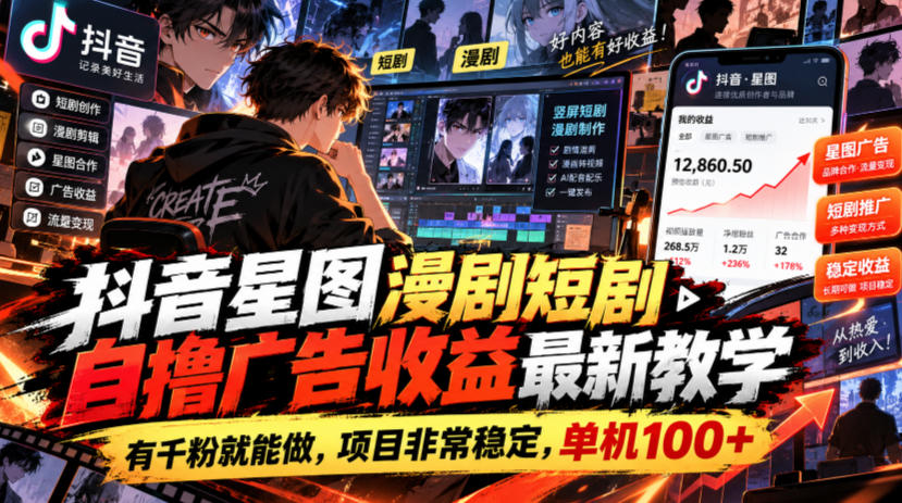 抖音星图漫剧短剧自撸广告收益最新教学,有千粉就能做,项目非常稳定,单机100+-旺仔资源库
