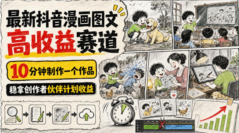 最新抖音漫画图文高收益赛道，10分钟制作一个作品，稳拿创作者伙伴计划收益-旺仔资源库