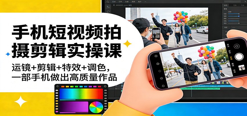 手机短视频拍摄剪辑实操课：运镜+剪辑+特效+调色，一部手机做出高质量作品-旺仔资源库