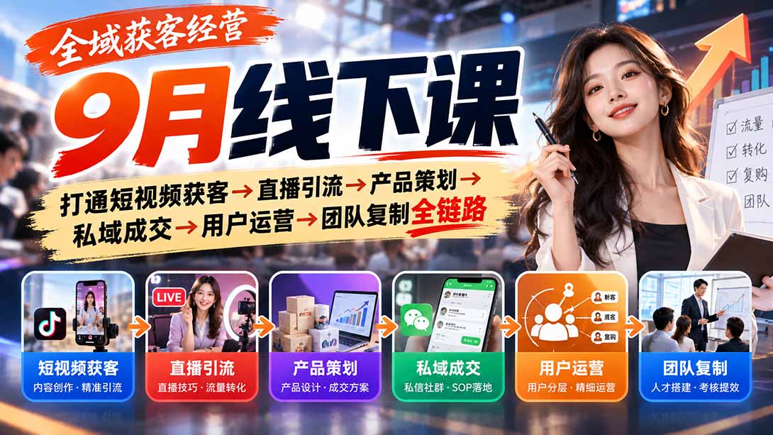 全域获客经营9月线下课：打通短视频获客→直播引流→产品策划→私域成交→用户运营→团队复制全链路-旺仔资源库