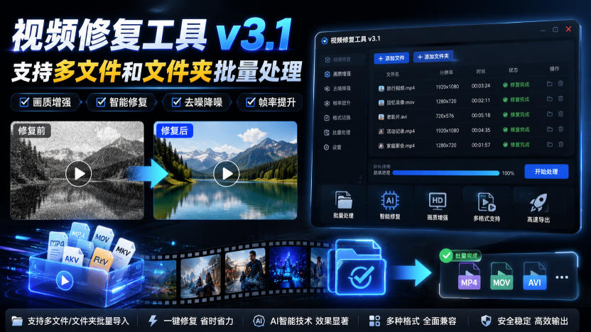 视频修复工具v3.1，支持多文件和文件夹批量处理-旺仔资源库