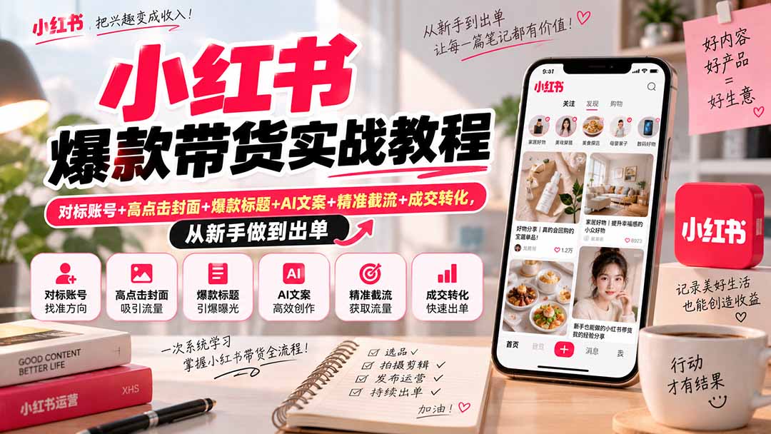 小红书爆款带货实战教程|对标账号+高点击封面+爆款标题+AI文案+精准截流+成交转化,从新手做到出单-旺仔资源库