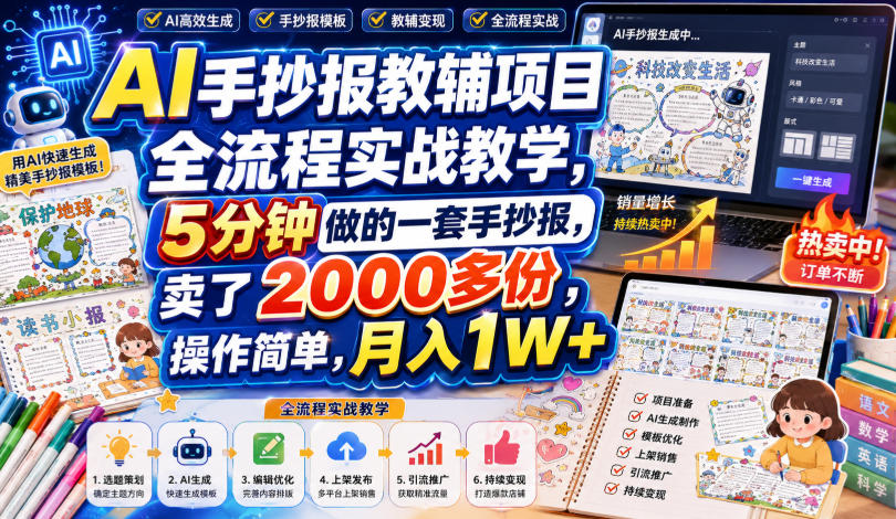 AI手抄报教辅项目全流程实战教学,5分钟做的一套手抄报,卖了2000多份,操作简单,月入1W+-旺仔资源库
