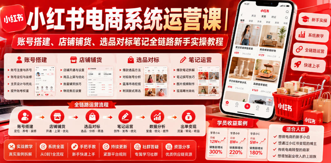 小红书电商系统运营课|账号搭建、店铺铺货、选品对标笔记全链路新手实操教程-旺仔资源库