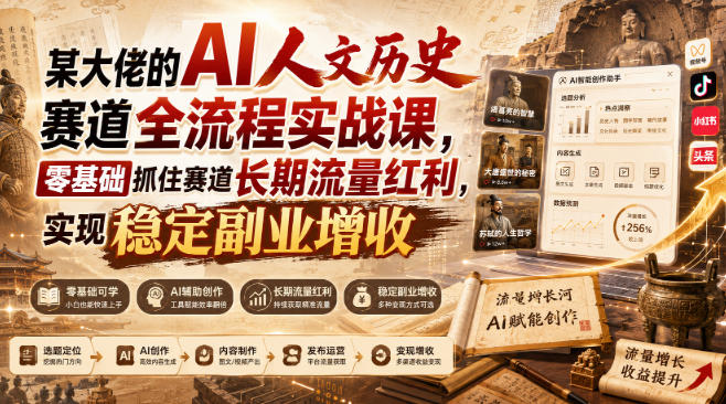 某大佬的AI人文历史赛道全流程实战课，零基础抓住赛道长期流量红利，实现稳定副业增收-旺仔资源库