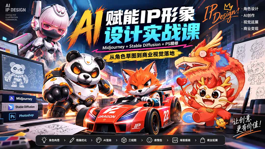 AI赋能IP形象设计实战课-无水印：Midjourney+Stable Diffusion+PS精修，从角色草图到商业视觉落地-旺仔资源库