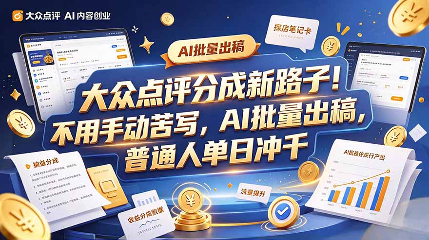 大众点评副业新玩法,工具提效解放双手,批量做笔记,单日可破千-旺仔资源库