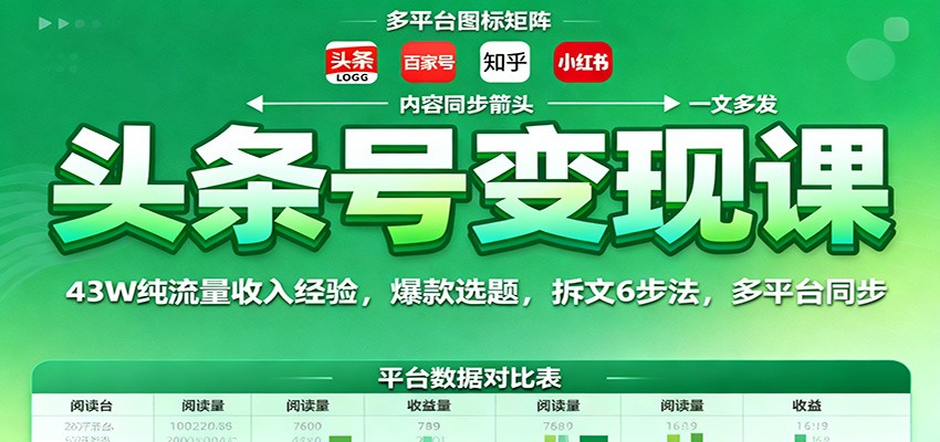 头条号变现课:43W纯流量收入经验,爆款选题,拆文6步法,多平台同步-旺仔资源库