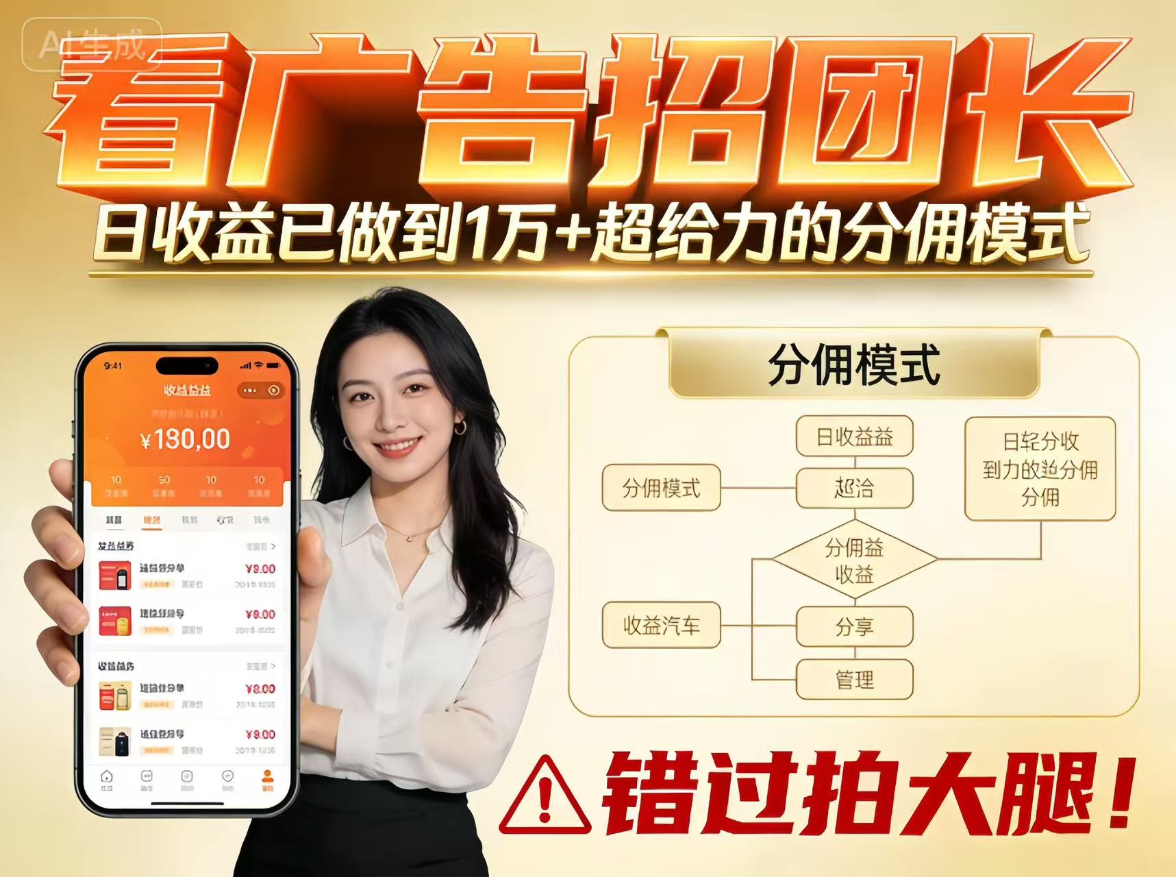 看广告招团长，团队收益已做到日入1万，分佣模式超给力，错过拍大腿-旺仔资源库