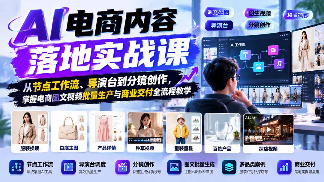 AI电商内容落地实战课：从节点工作流、导演台到分镜创作，掌握电商图文视频批量生产与商业交付全流程教学-旺仔资源库