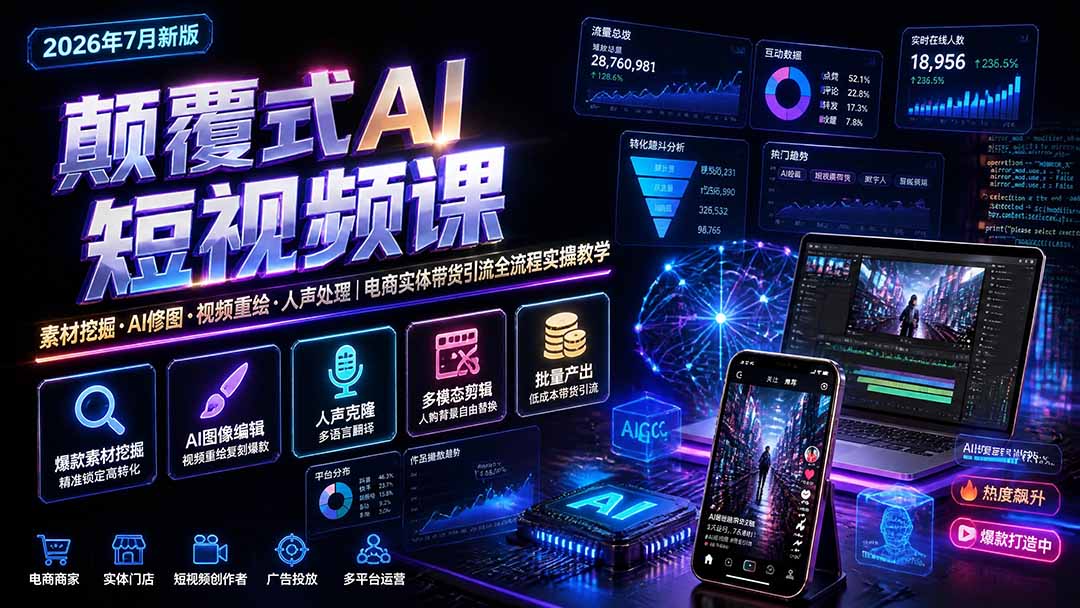 颠覆式AI短视频课-更新|素材挖掘,AI修图,视频重绘,人声处理|电商实体带货引流全流程实操教学-旺仔资源库