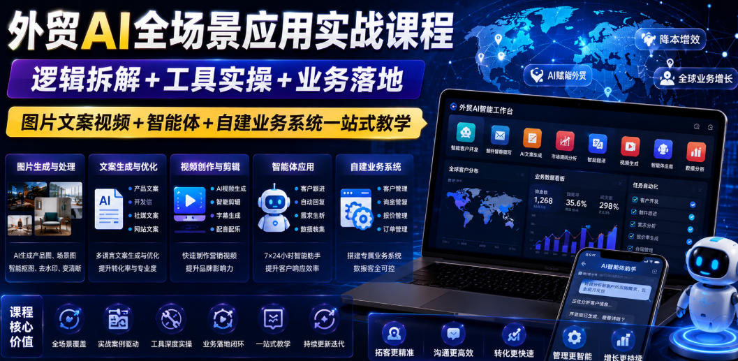 外贸AI全场景应用实战课程｜逻辑拆解+工具实操+业务落地，图片文案视频+智能体+自建业务系统一站式教学-旺仔资源库
