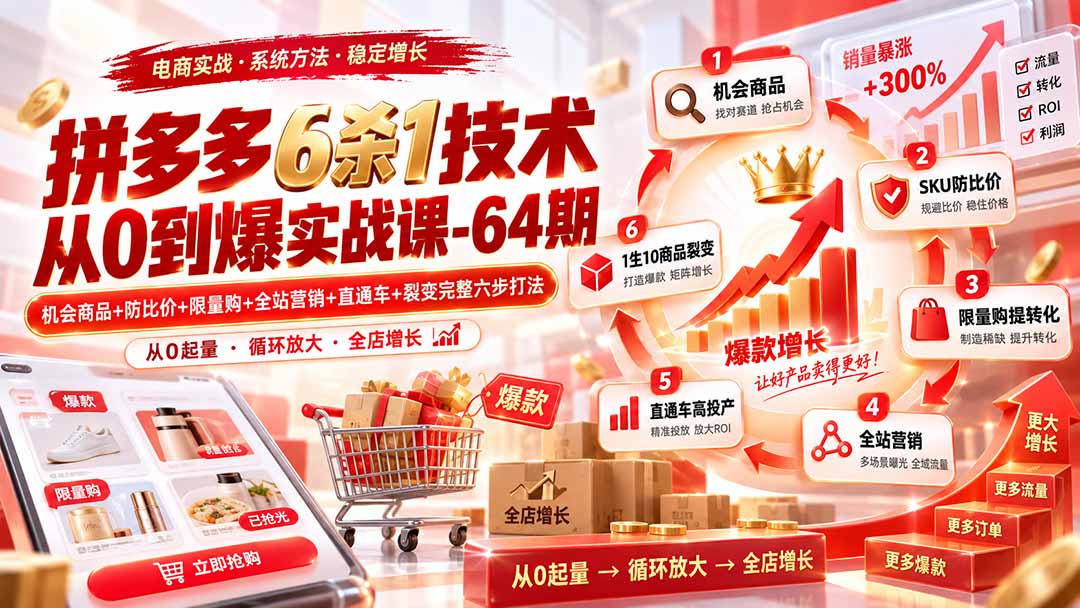 拼多多6杀1技术从0到爆实战课-64期:机会商品+防比价+限量购+全站营销+直通车+裂变完整六步打法-旺仔资源库