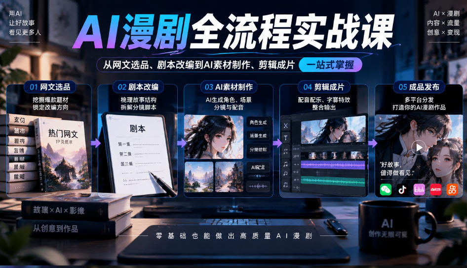 AI漫剧全流程实战课，覆盖从网文选品、剧本改编到AI素材制作、剪辑成片的完整链路-旺仔资源库