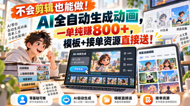 不会剪辑也能做！AI全自动生成动画，一单纯賺800+，模板+接单资源直接送！【揭秘】-旺仔资源库