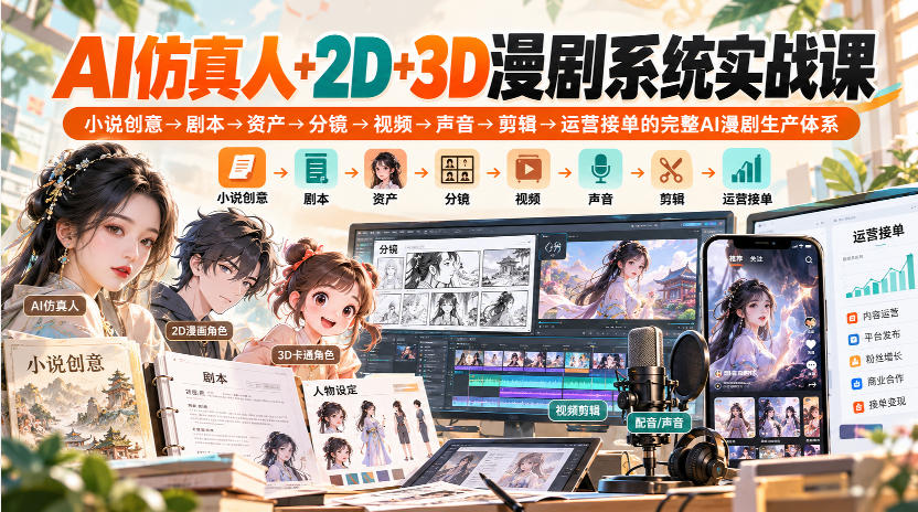 【无水印】AI仿真人+2D+3D漫剧系统实战课,小说创意→剧本→资产→分镜→视频→声音→剪辑→运营接单的完整AI漫剧生产体系-旺仔资源库