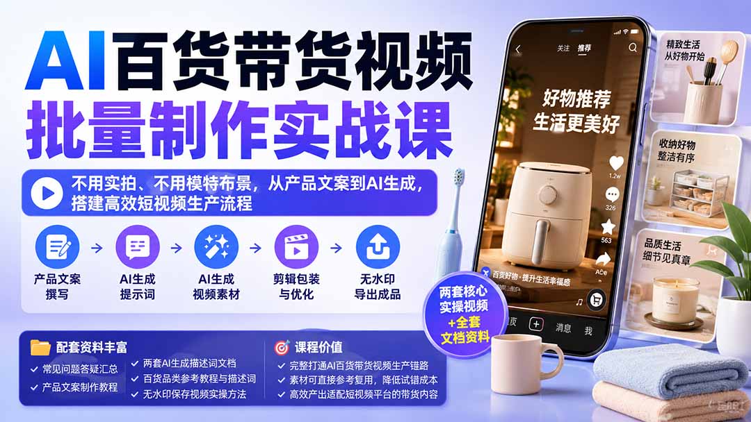 AI百货带货视频批量制作实战课：不用实拍、不用模特布景，从产品文案到AI生成，搭建高效短视频生产流程-旺仔资源库
