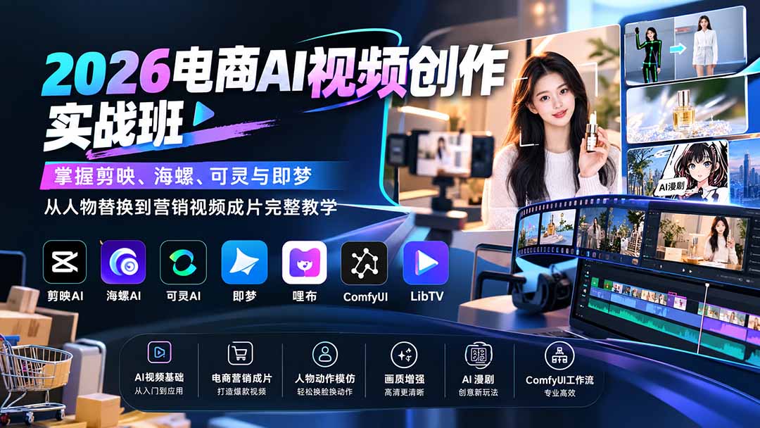 2026电商AI视频创作实战班:掌握剪映、海螺、可灵与即梦,从人物替换到营销视频成片完整教学-旺仔资源库