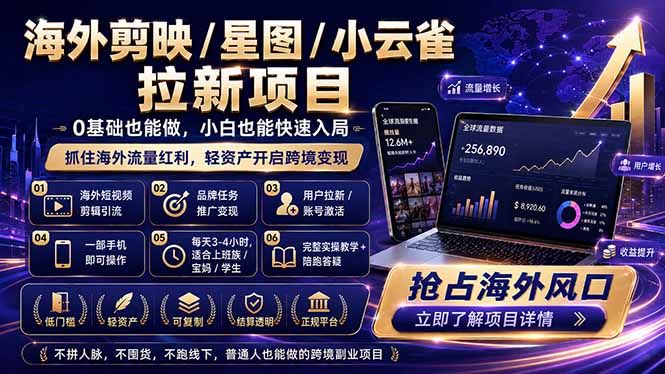 海外剪映 / 星图 / 小云雀拉新项目 普通人也能上手的跨境流量变现副业-旺仔资源库