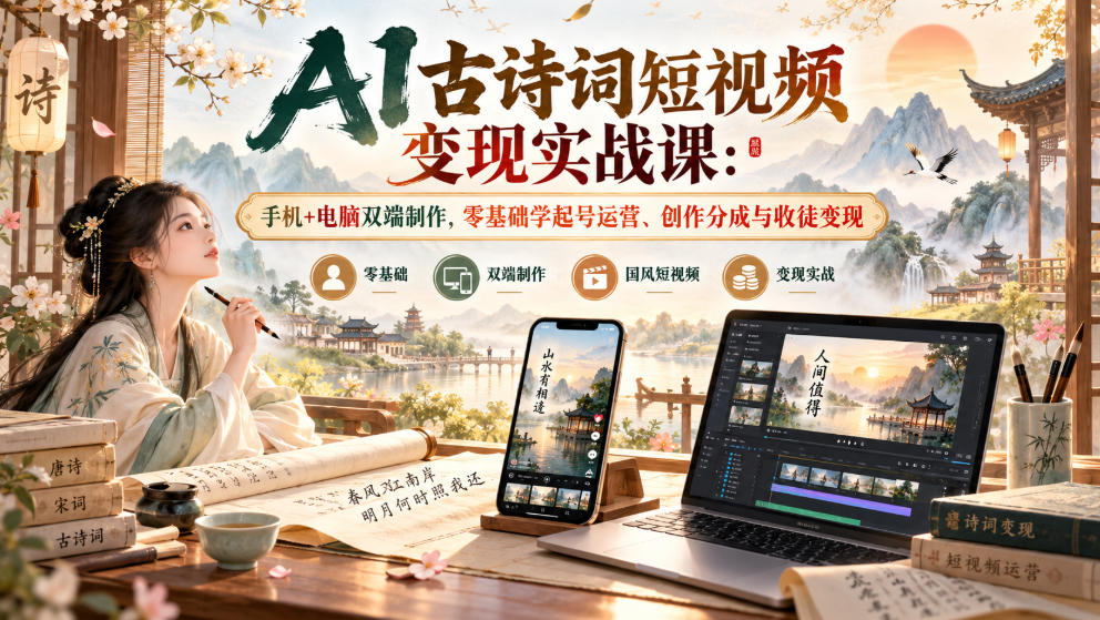 AI古诗词短视频变现实战课：手机+电脑双端制作，零基础学起号运营、创作分成与收徒变现-旺仔资源库
