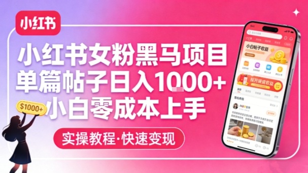 小红书女粉黑马项目，单篇帖子日入1k+，小白零成本上手-旺仔资源库