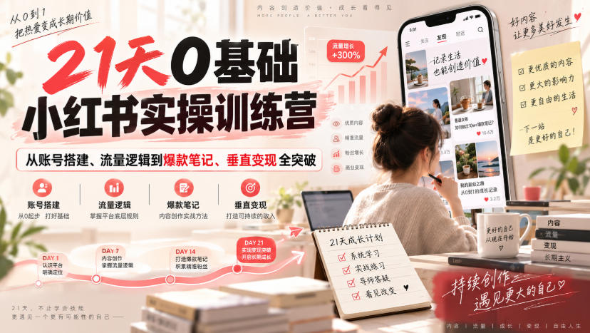 21天0基础小红书实操训练营｜从账号搭建、流量逻辑到爆款笔记、垂直变现全突破-旺仔资源库