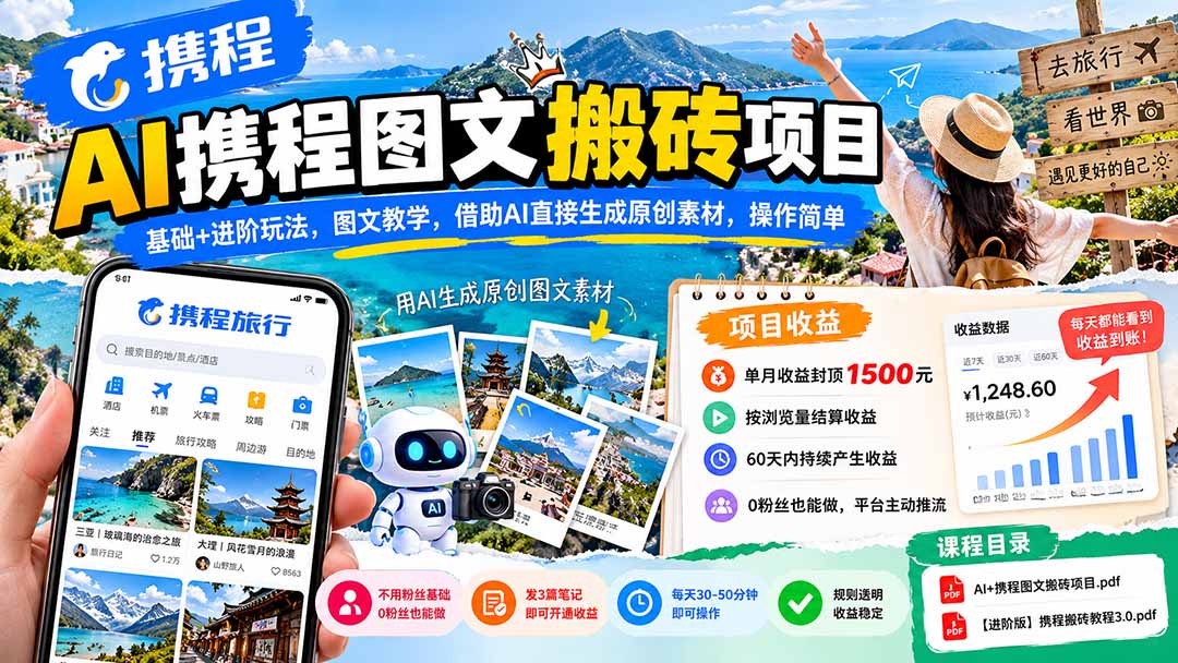 AI携程图文搬砖项目,基础+进阶玩法,图文教学,借助AI直接生成原创素材,操作简单-旺仔资源库