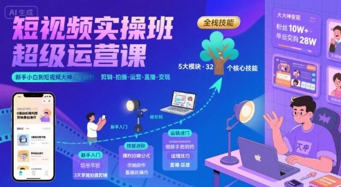 短视频实操班超级运营课，新手小白到短视频大神必修课程，剪辑-拍摄-运营-直播-变现-旺仔资源库
