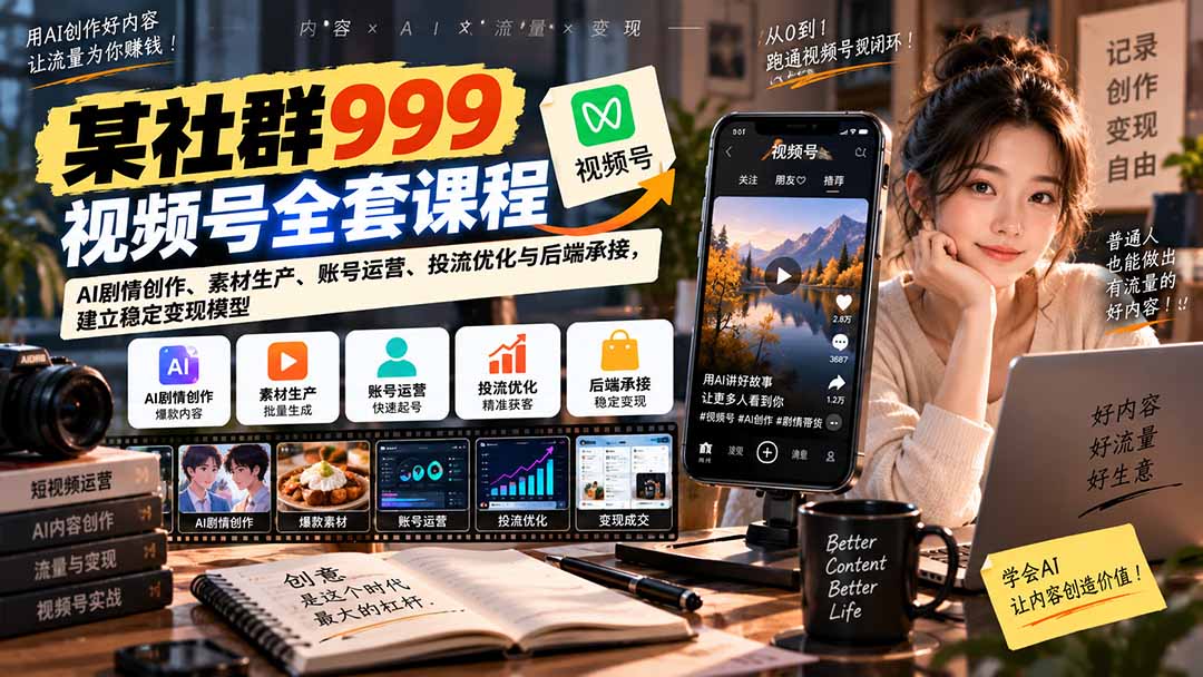 【无水印】某社群999视频号全套课程:AI剧情创作、素材生产、账号运营、投流优化与后端承接,建立稳定变现模型-旺仔资源库