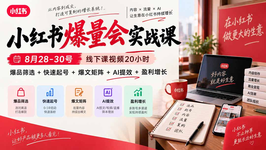 小红书爆量会实战课：8月28-30号线下课视频20小时，爆品筛选+快速起号+爆文矩阵+AI提效+盈利增长-旺仔资源库