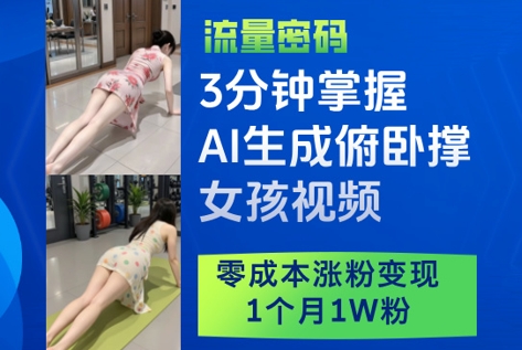 3分钟掌握AI生成俯卧撑女孩视频，零成本涨粉变现，1个月1W粉-旺仔资源库