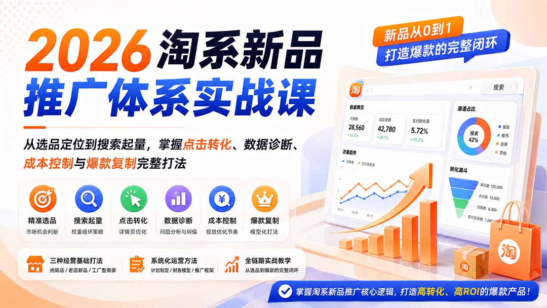 2026淘系新品推广体系实战课:从选品定位到搜索起量,掌握点击转化、数据诊断、成本控制与爆款复制完整打法-旺仔资源库