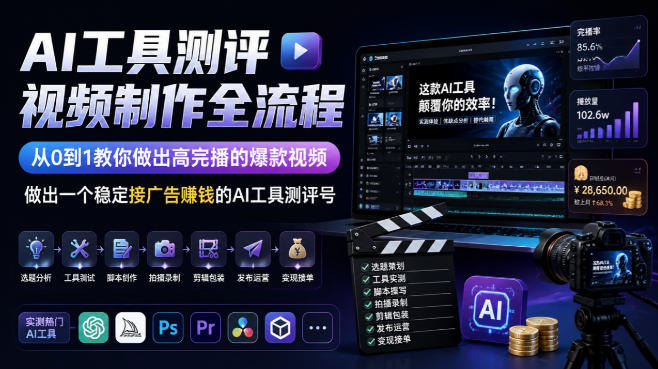 AI工具测评视频制作全流程,从0到1教你做出高完播的爆款视频,做出一个稳定接广告賺钱的AI工具测评号-旺仔资源库