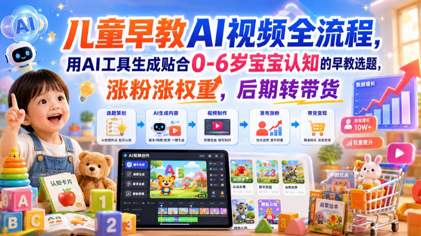儿童早教AI视频全流程，用AI工具生成贴合0-6岁宝宝认知的早教选题，涨粉涨权重，后期转带货-旺仔资源库