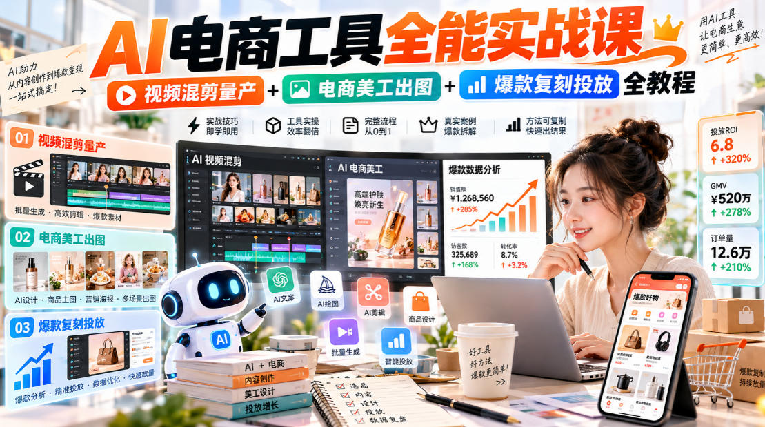 AI电商工具全能实战教学，视频混剪量产+电商美工出图+爆款复刻投放全教程​-旺仔资源库