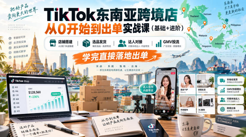 TikTok东南亚跨境店从0开始到出单实战课(基础+进阶),店铺搭建、选品发货、达人对接、GMV投流,学完直接落地出单-旺仔资源库