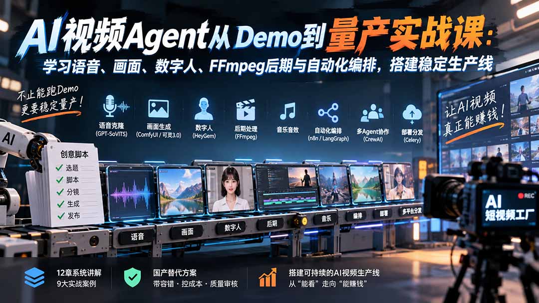 AI视频Agent从Demo到量产实战课：学习语音、画面、数字人、FFmpeg后期与自动化编排，搭建稳定生产线-旺仔资源库