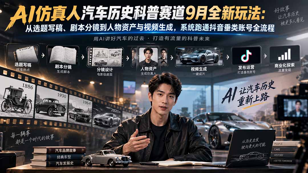 AI仿真人汽车历史科普赛道9月全新玩法:从选题写稿、剧本分镜到人物资产与视频生成,系统跑通抖音垂类账号全流程-旺仔资源库